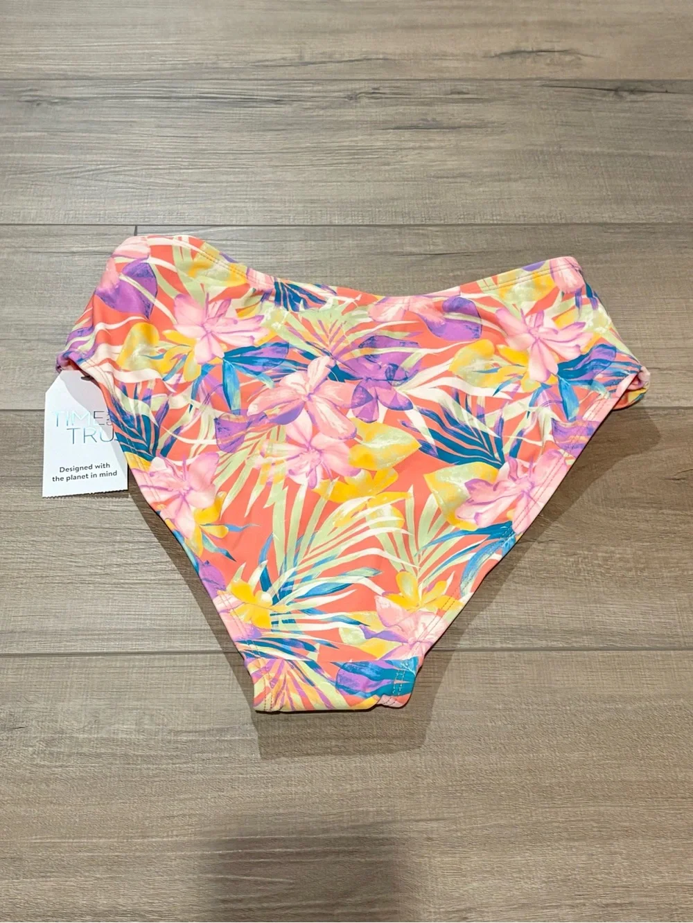 Time and Tru Floral High Waist tie Swim Bottoms pink orange size medium (8-10)